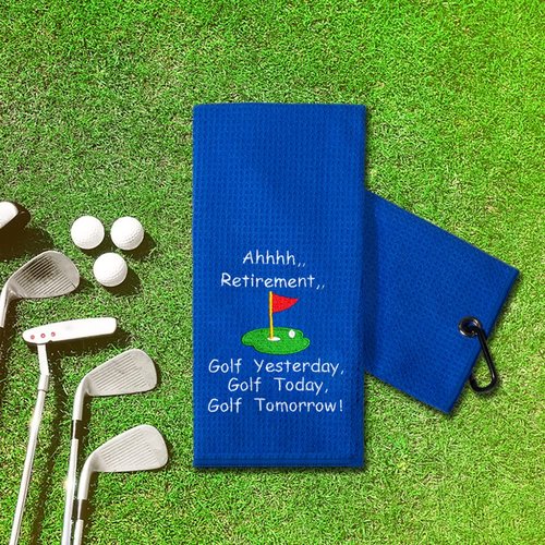TOUNER Funny Golf Towel Gifts for Dad, Retirement Gifts for Men Golfer, Embroidered Microfiber Waffle Golf Towel with Clip (Blue, Gingham, 26x15 in)