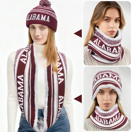 Alabama Beanie Hat Scarf Set for Men, Knit Pompom Beanie Cap, Football Fans Fashion Toque Cap, Neck Warmer Scarves,Winter Gifts for Sport Fans with Stickers