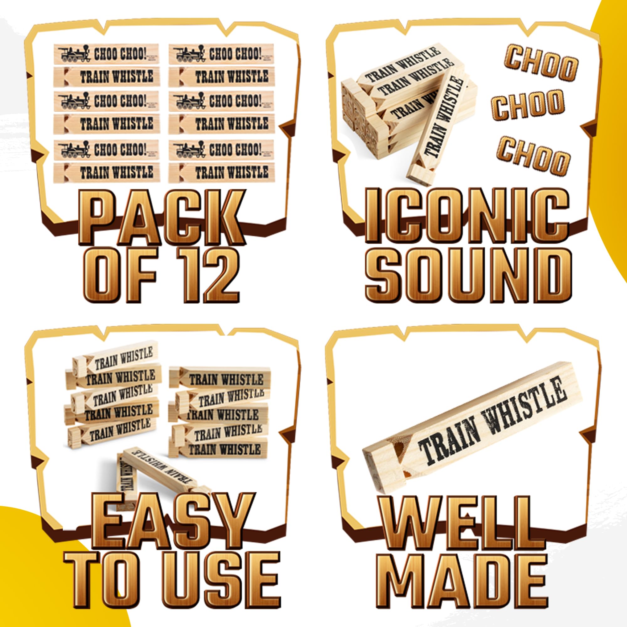Wooden Train Whistles (Pack of 12) - Wood Train Whistle for Kids, Train Party Favors, Theme Birthday Decorations, Noisemakers, Goodie Bag Filler, Small Game Prizes, Stocking Stuffers