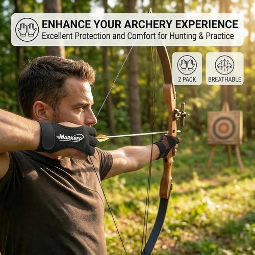 MARKEEP Archery Gloves - 3-Finger Leather Shooting Guard for Youth & Adults | Protective Gear 2-Pack