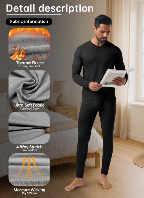 Askdeer Thermal Underwear for Men Long Johns Thermal Fleece Lined Long Underwear Base Layer Set Black