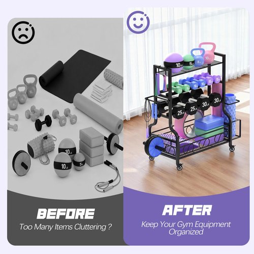 PARTPHONER Adjustable Dumbbell Rack, Weight Rack for Home Gym Storage, Home Gym Storage for Stores Dumbbells, Kettlebells and Yoga Mats, All in One Workout Storage Racks with Wheels and Hooks, Durable Powder Coated Steel