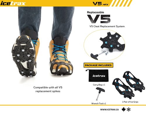ICETRAX V5 HEX Ice Cleats, Easy to Replace Cleats, Winter Ice Grips for Shoes and Boots, StayON Toe, Reflective Heel(S/M (Men: 5-9 / Women: 6.5-10.5), HEX)