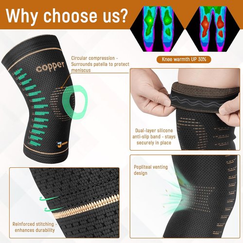 JIUFENTIAN Copper Knee Brace - Compression Sleeves for Arthritis & Pain Relief | 2-Pack, Large