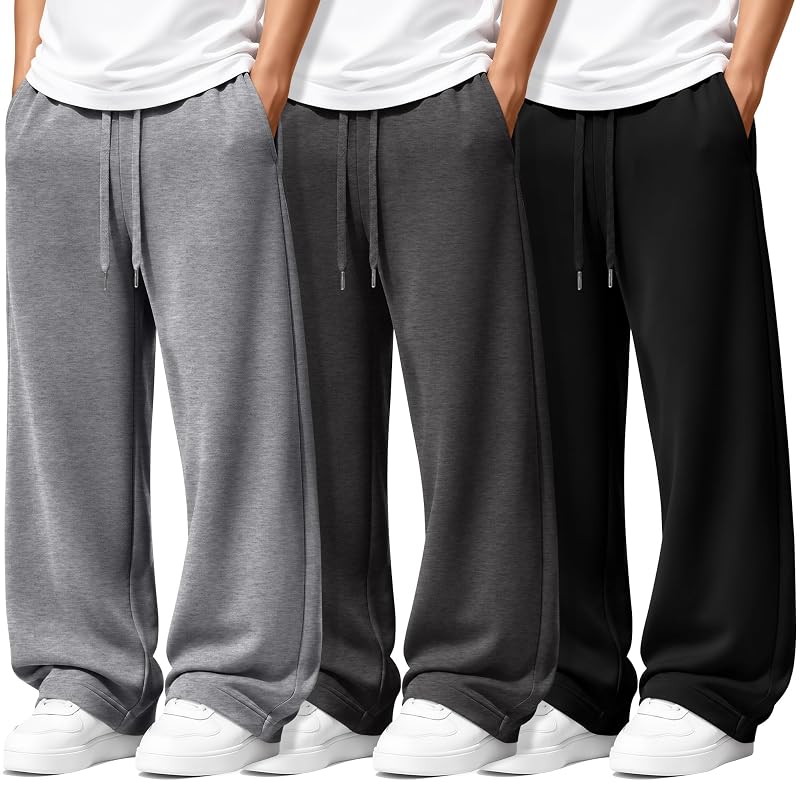 Oakgarden 3-Pack Boys' Baggy Sweatpants – Open-Bottom Youth Joggers in Dark Gray, Light Gray, Black