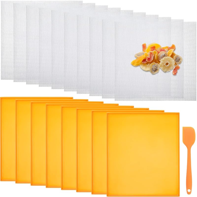 Orange Silicone Dehydrator Mats Pack – 8 Sheets with Edges, 10 Mesh Mats & 1 Scraper