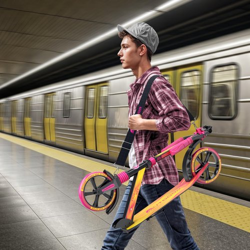 Outdoor Cruiser Kick Scooter for Ages 6+, for Kids, Teens, and Adults, Max Load 250 LBS, Foldable, 8-inch Big Wheels, Dual Suspension, 3 Adjustable Levels, Child Safety Approved, Yellow and Pink