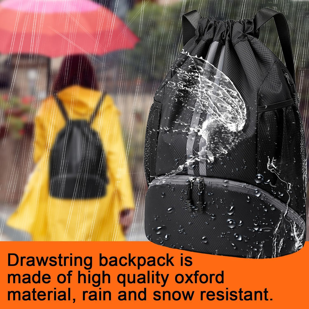 Skiennix Waterproof Drawstring Backpack - Unisex Gym Bag with Wet/Dry Separation | Black, One Size