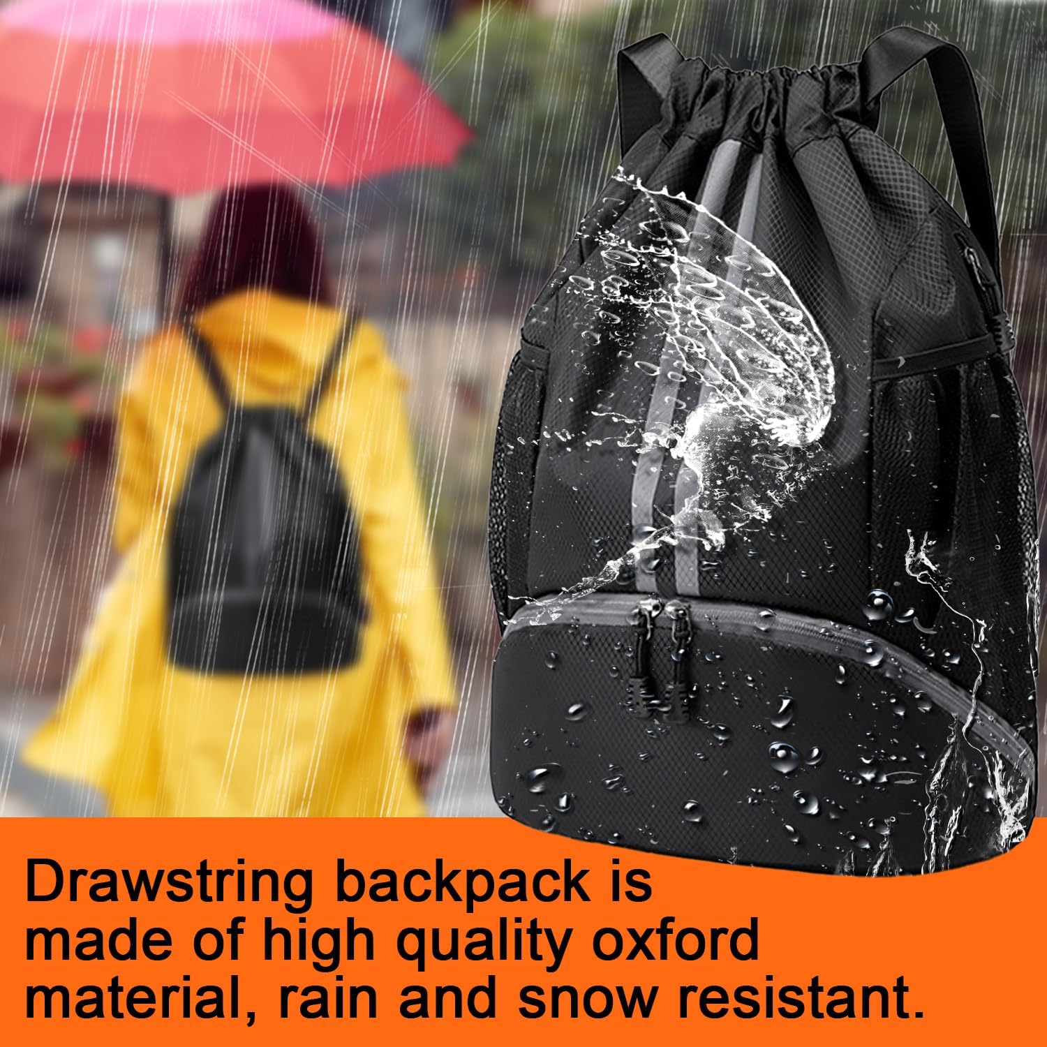 Skiennix Waterproof Drawstring Backpack - Unisex Gym Bag with Wet/Dry Separation | Black, One Size