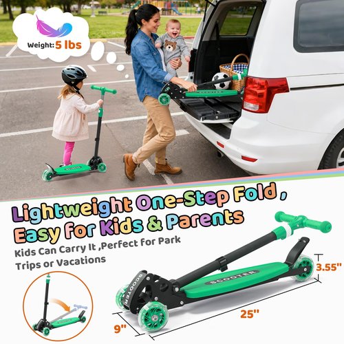 Kick Scooter for Kids Age 3-7 8-12, Light Up 3 Wheeled Scooters,Lean-to-Steer,Three Adjustable Height Scooter for Kids, Foldable,Safe Stable Ride for Girl Boy Kid up to 170 LB - Green