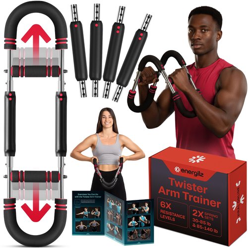 ENERGILZ Twister Arm Trainer | Chest Workout Equipment Also for Biceps, Shoulders, Forearms, Back, Legs; Arm Chest Trainer for Men, Women, Beginners, Pros | 2 Spring Sets, 6 Resistance Levels (Red)