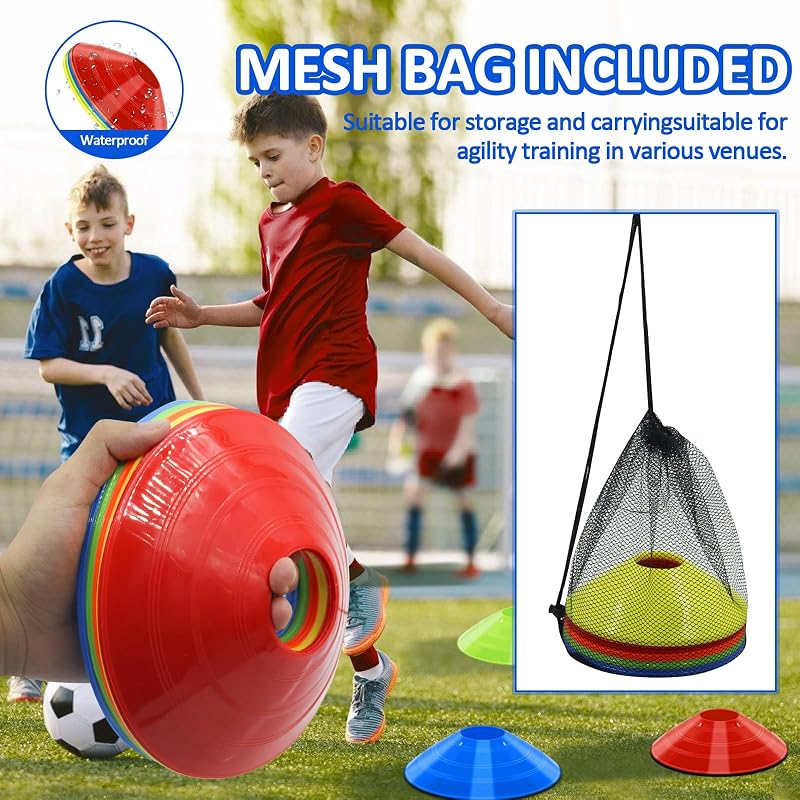 100 Pack Disc Cones with Carry Bag – Multicolor Training Cones (19cm x 5cm)