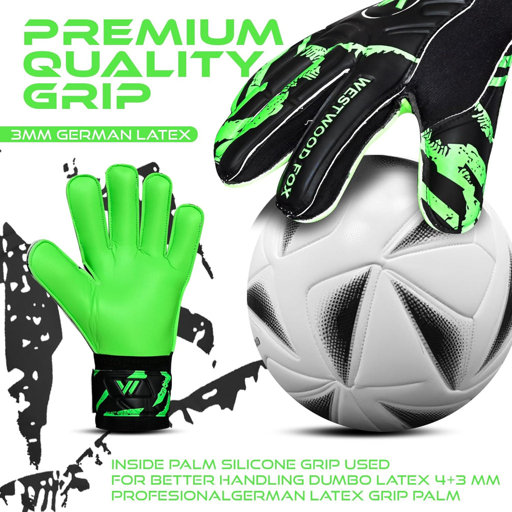 Westwood Fox Goalkeeper Gloves - Heavy Grip Palm with Finger Protection for Kids & Adults | 4+3 mm Latex