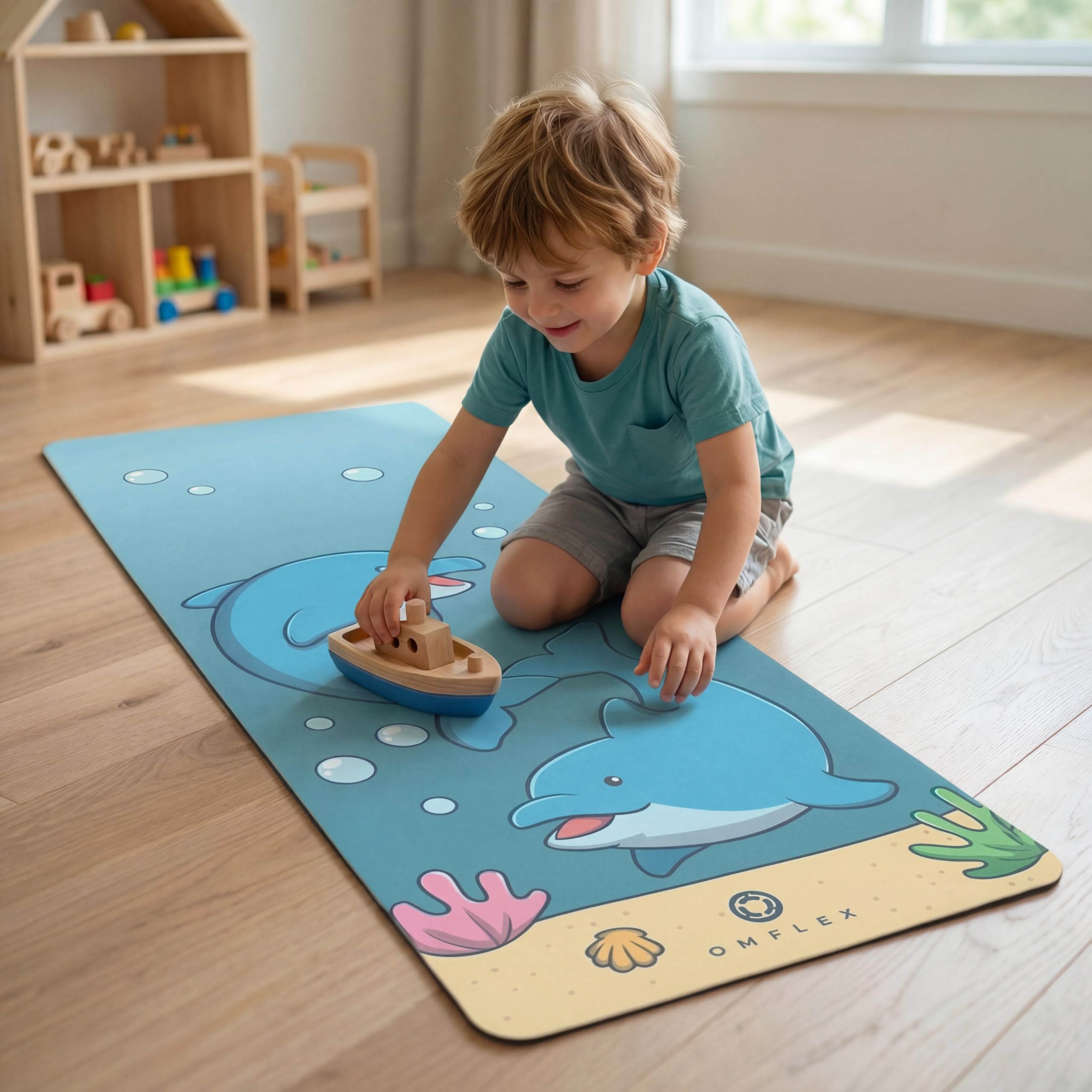 Omflex Kids Yoga Mat with Carrying Strap – 60"x24" Non-Slip Premium Exercise Mat for Kids, 3mm Thick Non-Toxic, PVC-Free Play Mat for Children, Dolphin, Car & Supergirl Designs (Dolphin)