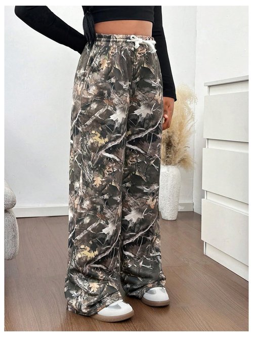 SOLY HUX Girl's Camo Wide Leg Pants Drawstring Waist Baggy Sweatpants with Pocket Army Green 12Y