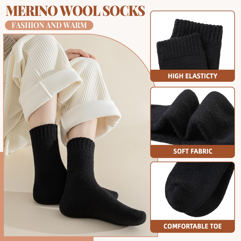 Velice Merino Wool Socks for Women 5 Pairs Warm Winter Hiking Thick Thermal Cozy Boot Work Soft Ladies Crew Socks(5 Pairs Black Socks)