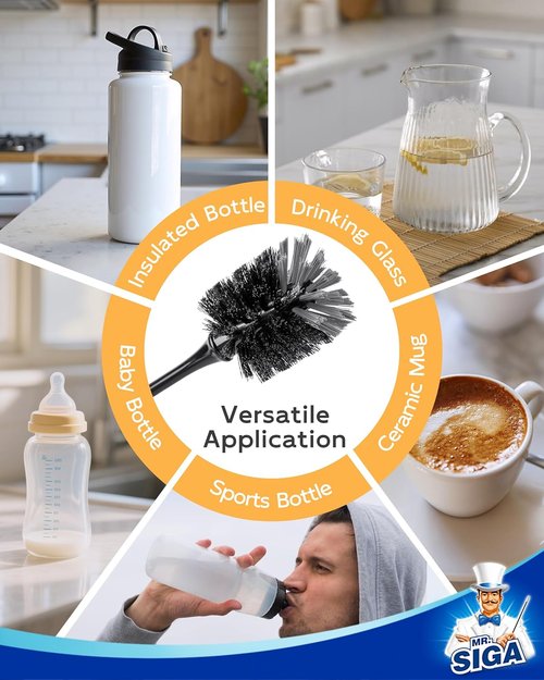 MR.SIGA Water Bottle Brush - Long Handle Cleaning Tool for Glasses & Baby Bottles | 2 Pack, Black