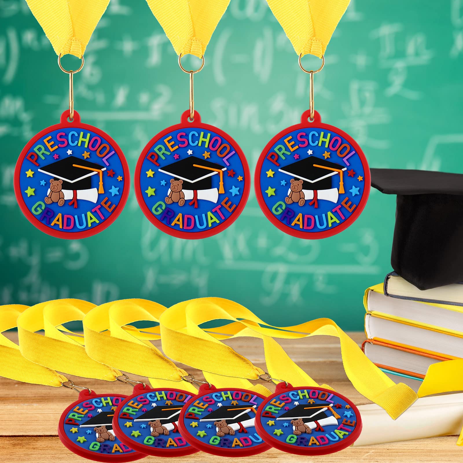 Sratte 48 Pcs Kindergarten Prek Preschool Graduation Medals for Kids, Bulk Kinder Pre-k Graduation Gifts with Yellow Ribbon, End of Year Student Gifts Party Favors Supplies, 2 Inch (Graduate Cap)
