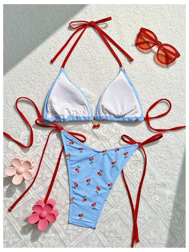 WDIRARA Cherry Print 2 Piece Swimsuit Set - Blue, Medium Variation