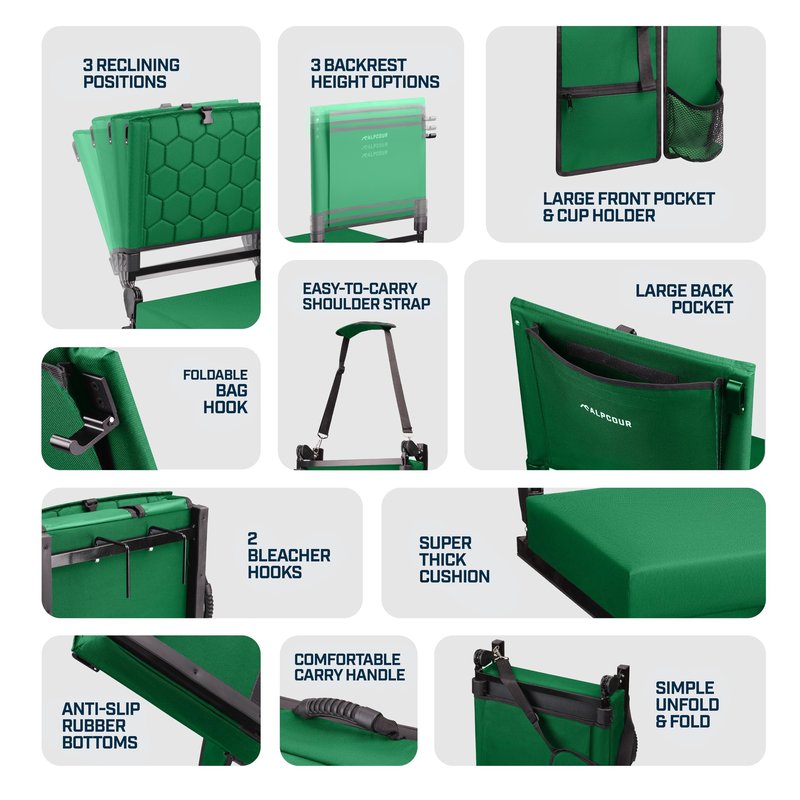 Folding Reclining Stadium Seats with Back Support for Bleachers, Bleacher Chairs with Back and Cushion Seating for Football, Camping Chair, Kayak Seat, Canoe, Paddle Board, Concerts, & Sports Events