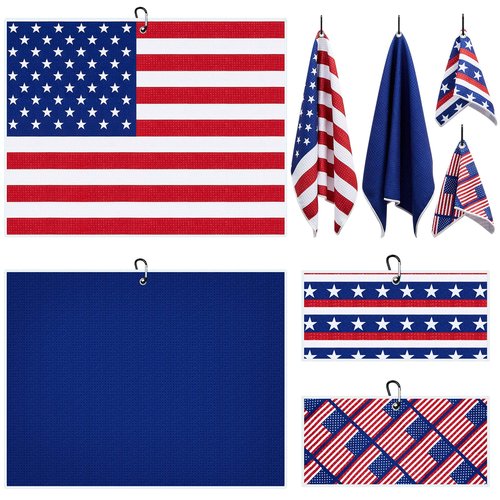 Flutesan 4 Pieces American Flag Pattern Golf Towels for Golf Bags Red White Blue Golf Ball Towel for Men Women Microfiber Waffle Texture Absorbent Golf Towels for 4th July Independence Memorial Day