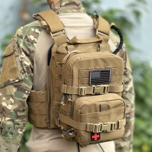 Tactical Mini Molle Hydration Pack,Molle Hydration Carrier with IFAK Pouch&US Flag&Med Patch,Hydropack for 2L Water Bladder (Coyote Brown)