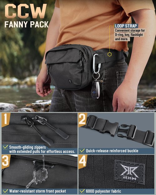 Tactical Fanny Pack for Men Women, Security Carry Crossbody Bag, Anti Theft EDC Waist Bag for Hiking Hunting (Adjustable Up to 57" Waist)