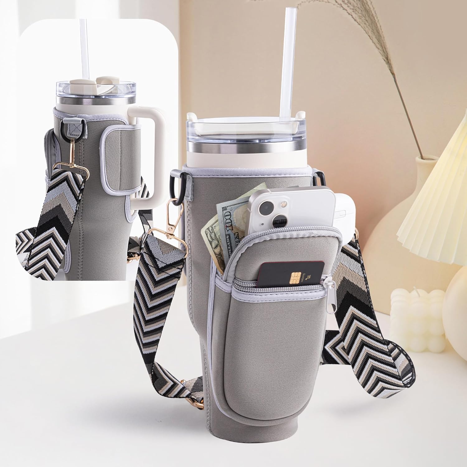 Viva Terry Water Bottle Carrier Bag - Modern 40oz & 30oz Tumbler Holder with Strap & Phone Pocket