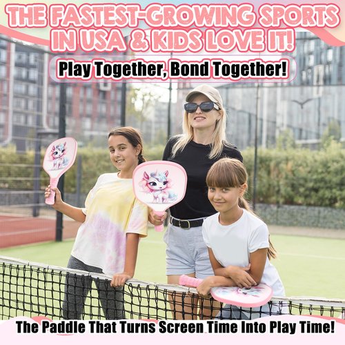 Lunmon Kids Paddle with 2 Cute Ball Small Grip Lightweight Fiberglass Rackets Paddle Set for Christmas Party Gifts Children 4-11 Years Old