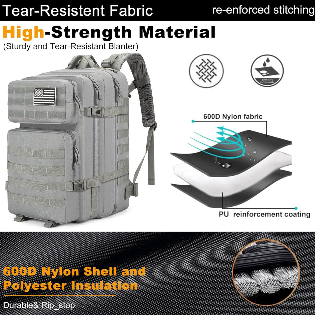 Skiennix Tactical Backpack 45L - Water Resistant MOLLE Rucksack for Hiking, Camping & Travel (Grey)