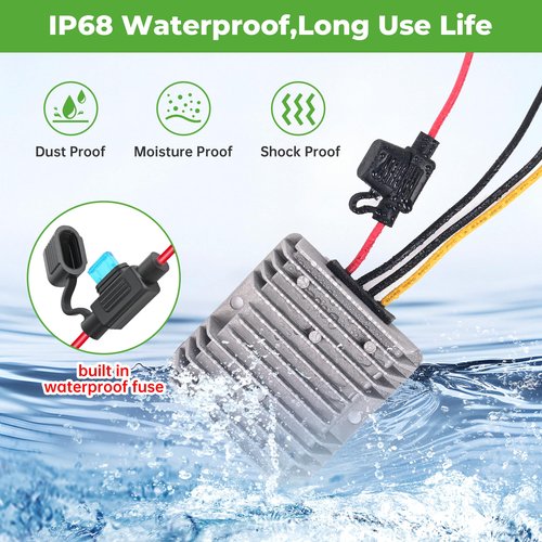 10L0L 36V 48V 72V Step Down to 12V Golf Cart Converter, 20A 240W DC-DC Voltage Regulator Reducer with Fuse IP68 Waterproof Transformer