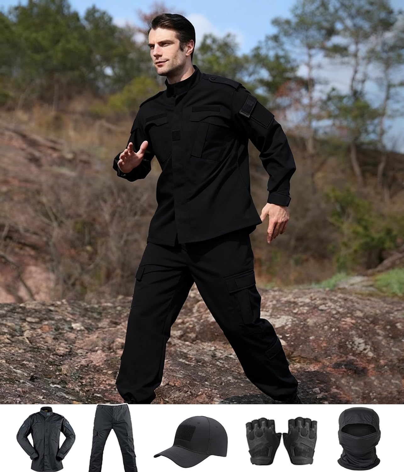 Skiennix Tactical Suit - Combat Pants & Shirt Set with Cap, Gloves, Balaclava | Black Camo Military Gear