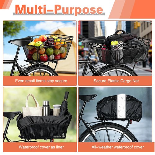 Large Bicycle Basket - Rear Bike Basket with Cargo Net and 2-in-1 Waterproof Cover, Wire Bike Baskets, Large Capacity for Adult Bikes,Electric Bike,Carrying Grocery,Ball,Dog