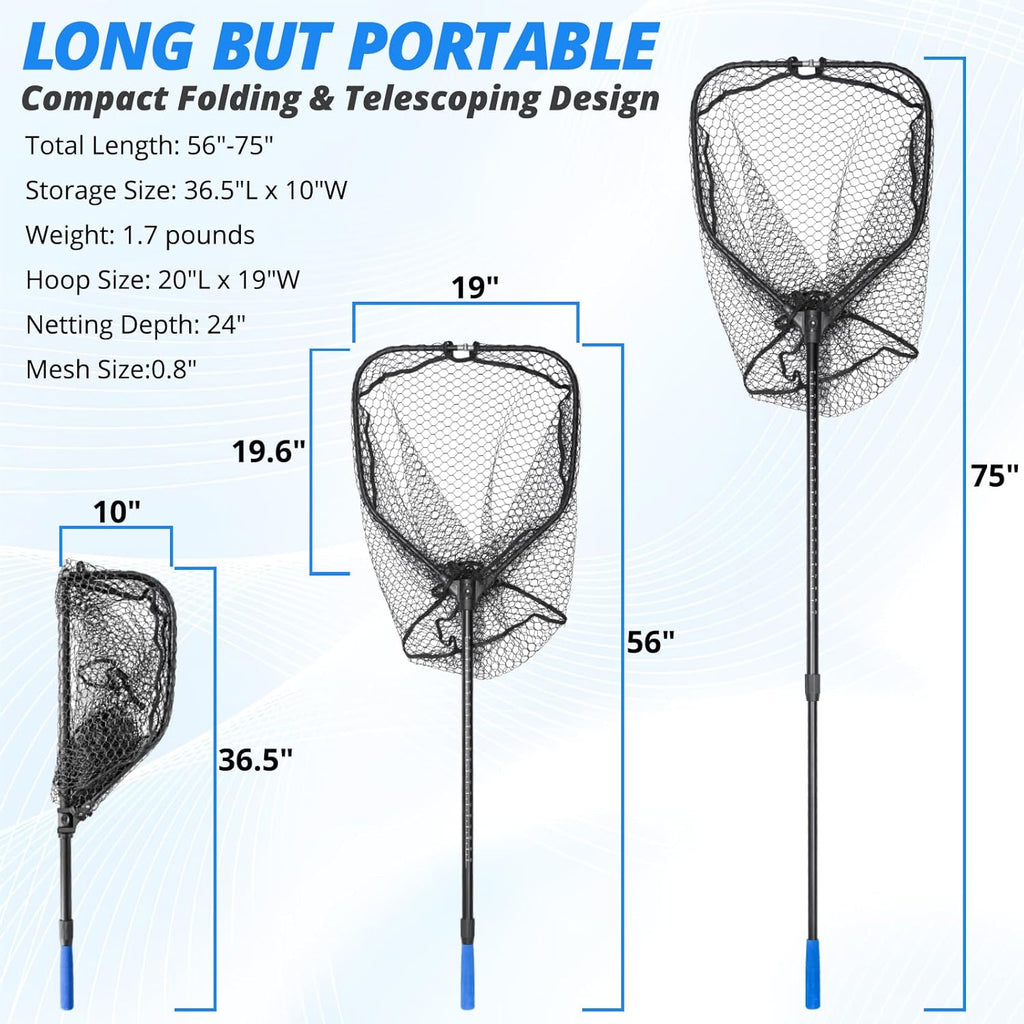 Telescoping Fishing Net by [Brand Name] - Lightweight Folding Landing Net with Rubber Netting | 56″-75″ Length, 20″ x 19″ Hoop