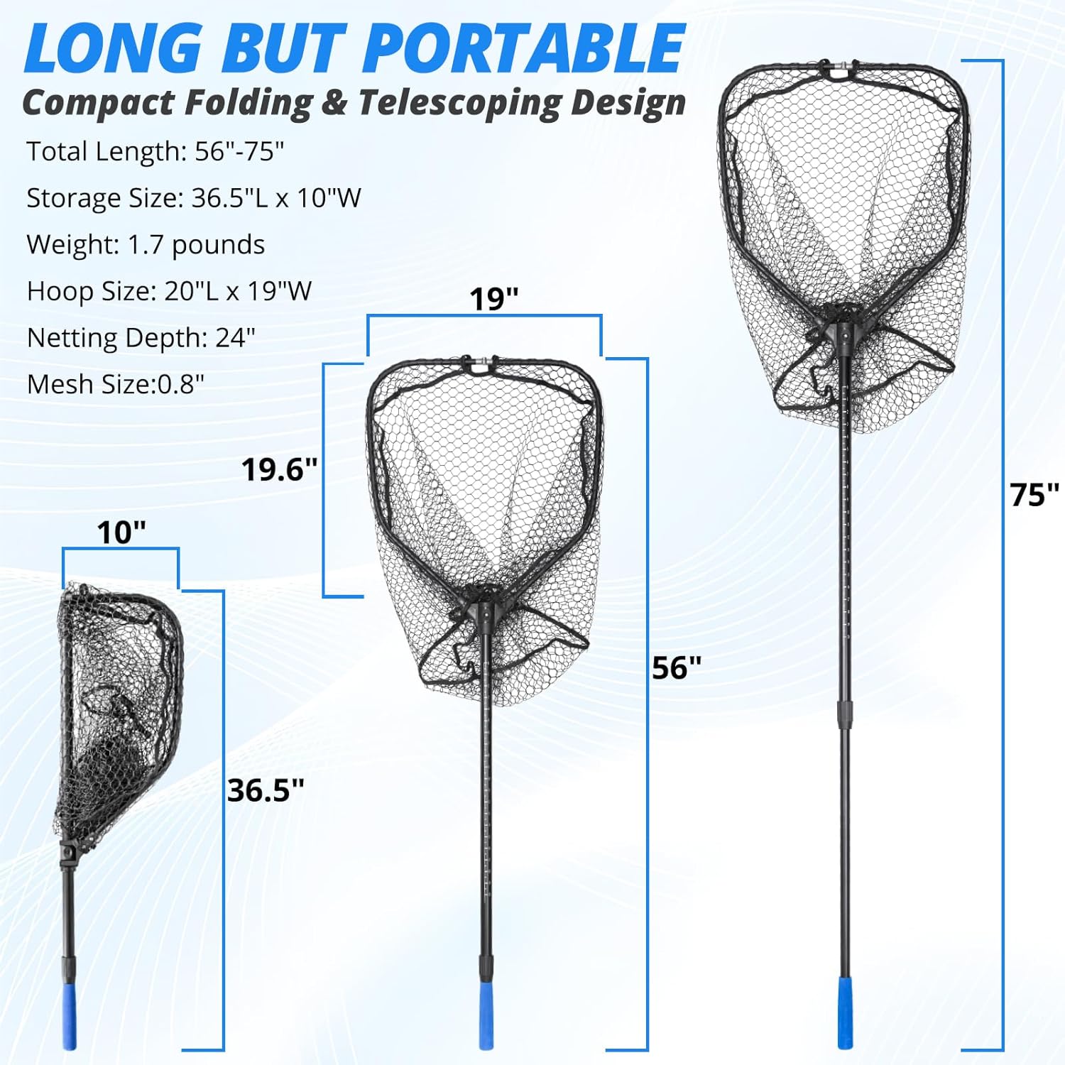 Telescoping Fishing Net by [Brand Name] - Lightweight Folding Landing Net with Rubber Netting | 56″-75″ Length, 20″ x 19″ Hoop