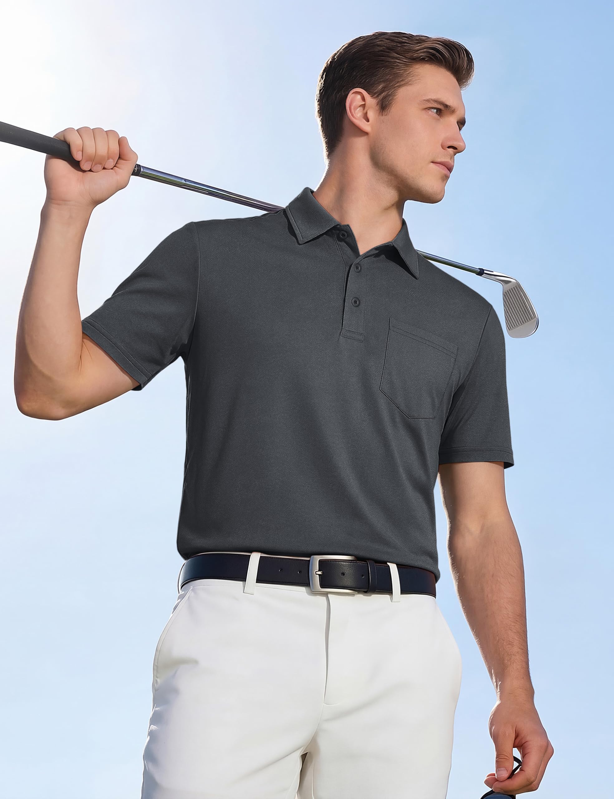 TACVASEN Mens Polo Shirts with Pocket Golf Polos Dry Fit Performance Short Sleeve Collared Shirt Casual Athletic Work Dark Gray L