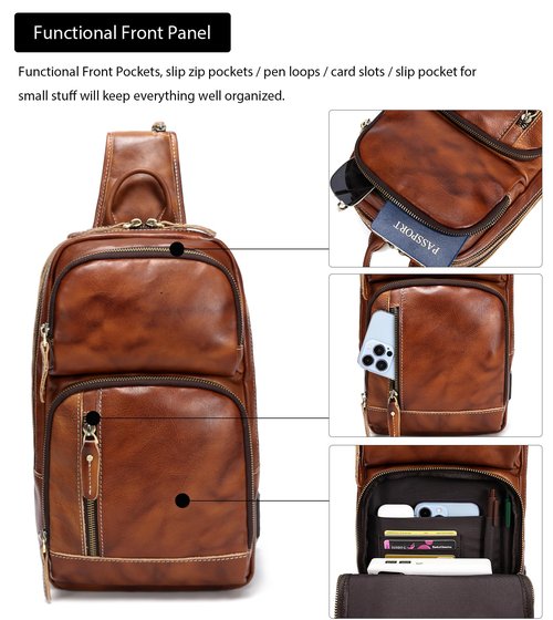 LANNSYNE Vintage Genuine Leather Sling Bag For Men, Crossbody Chest Daypack fits 10.5" iPad