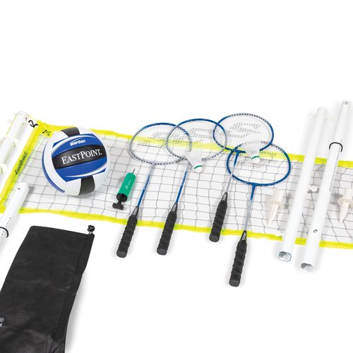 EastPoint 2-in-1 Volleyball & Badminton Set - Black Steel Poles - Adjustable Height for Backyard Games - 4 Rackets & 2 Shuttlecocks for Lawn Games - Volleyball & Pump for Outdoor Sports