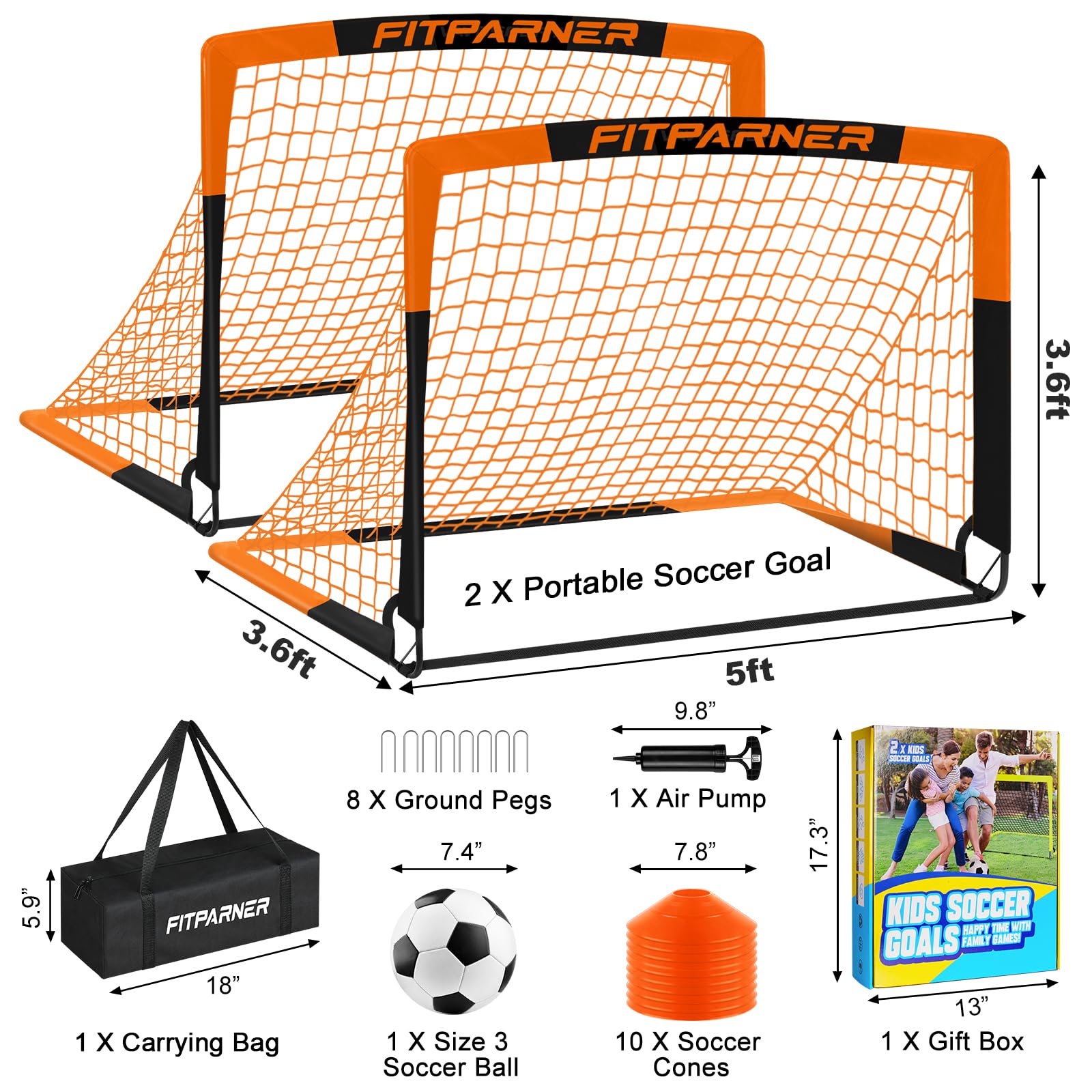 FITPARNER Kids Soccer Goal for Backyard Set - 2 Set of 5X3.6 ft (OrangeBlack)