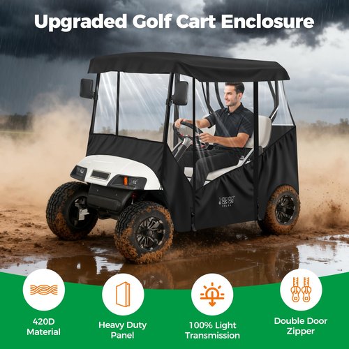10L0L Universal Golf Cart Enclosure Compatible with EZGO TXT and Club Car Tempo/Onward/DS/Precedent Models, 2-Passenger Golf Cart Waterproof 420D Material Windproof Transparent on 2 Sides (Black)