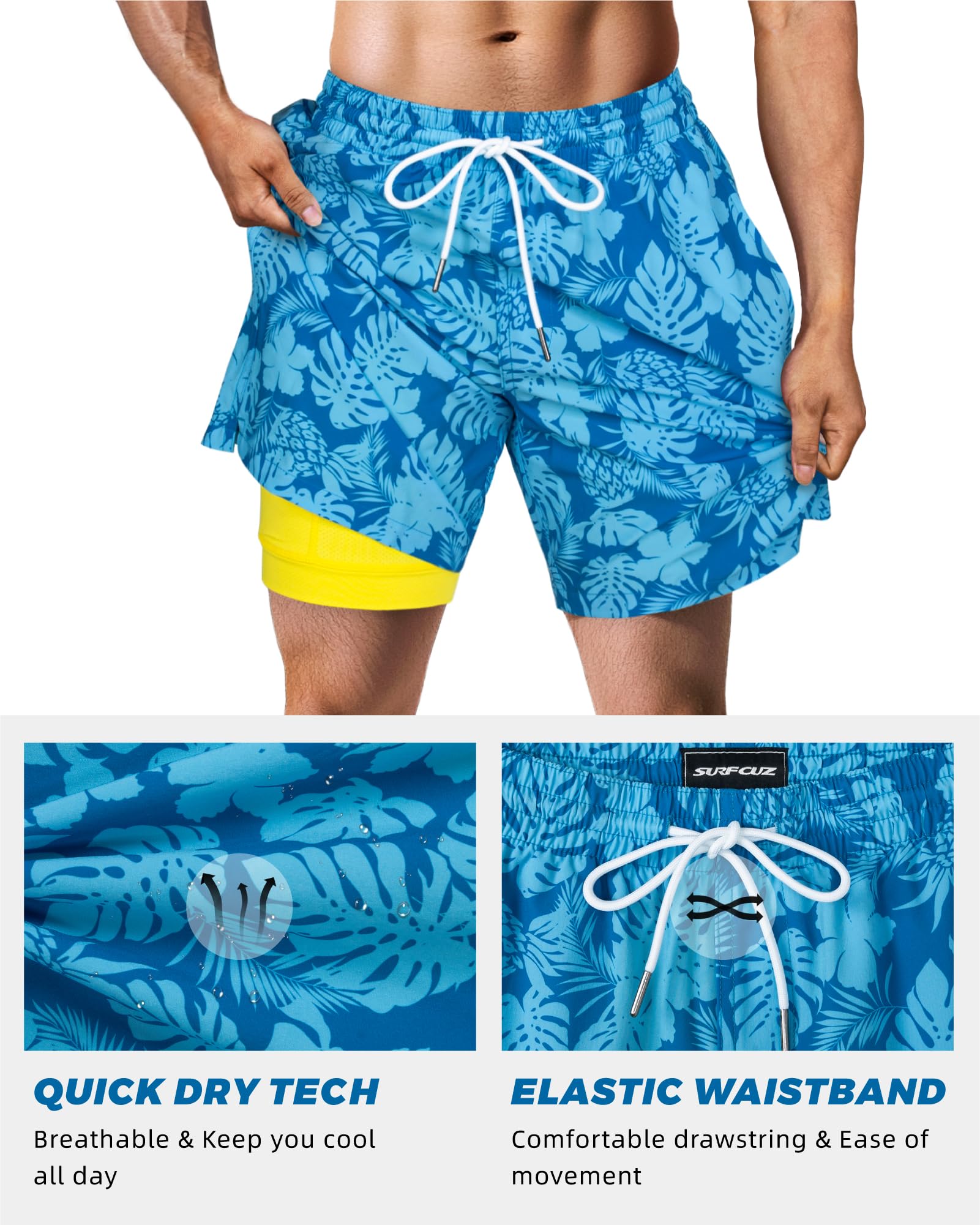 SURF CUZ Mens Swim Trunks with Compression Liner Quick Dry Swim Shorts 7" Swimming Trunks Stretch Zipper Pockets Blue Flower Leaves Small