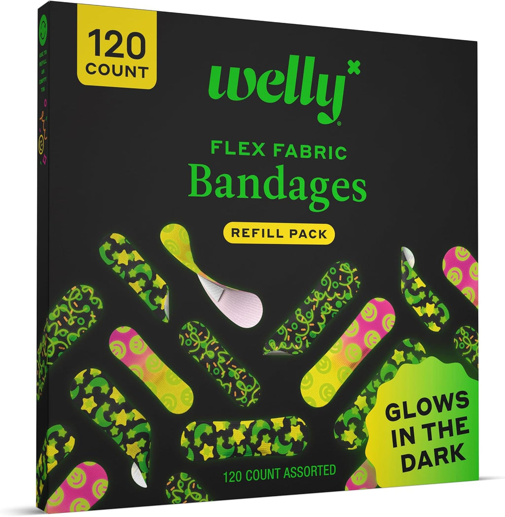 Welly Glow-in-the-Dark Bandage Refill Pack - Flexible Adhesive Fabric Bandages | Assorted Shapes & Patterns - 120 Count