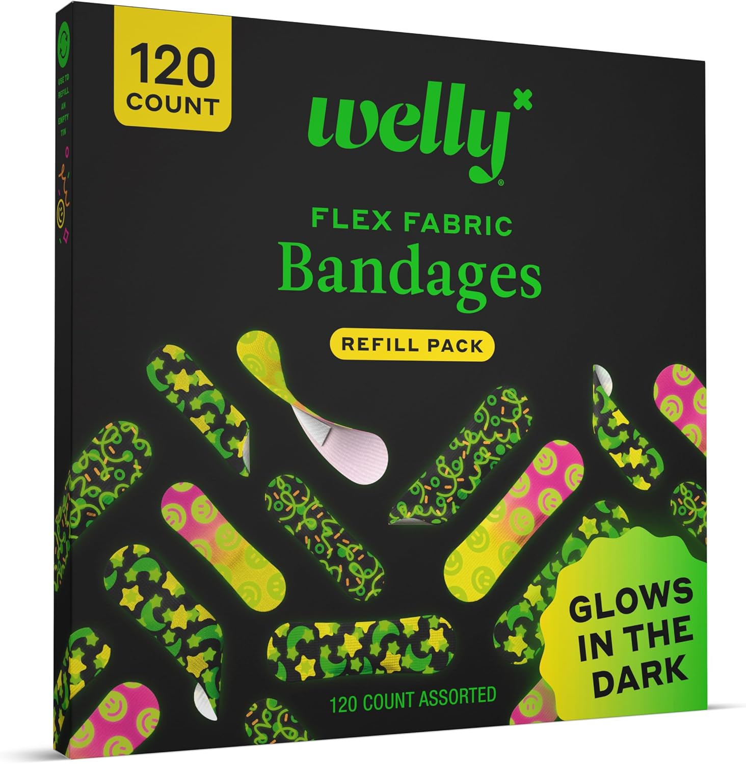 Welly Glow-in-the-Dark Bandage Refill Pack - Flexible Adhesive Fabric Bandages | Assorted Shapes & Patterns - 120 Count