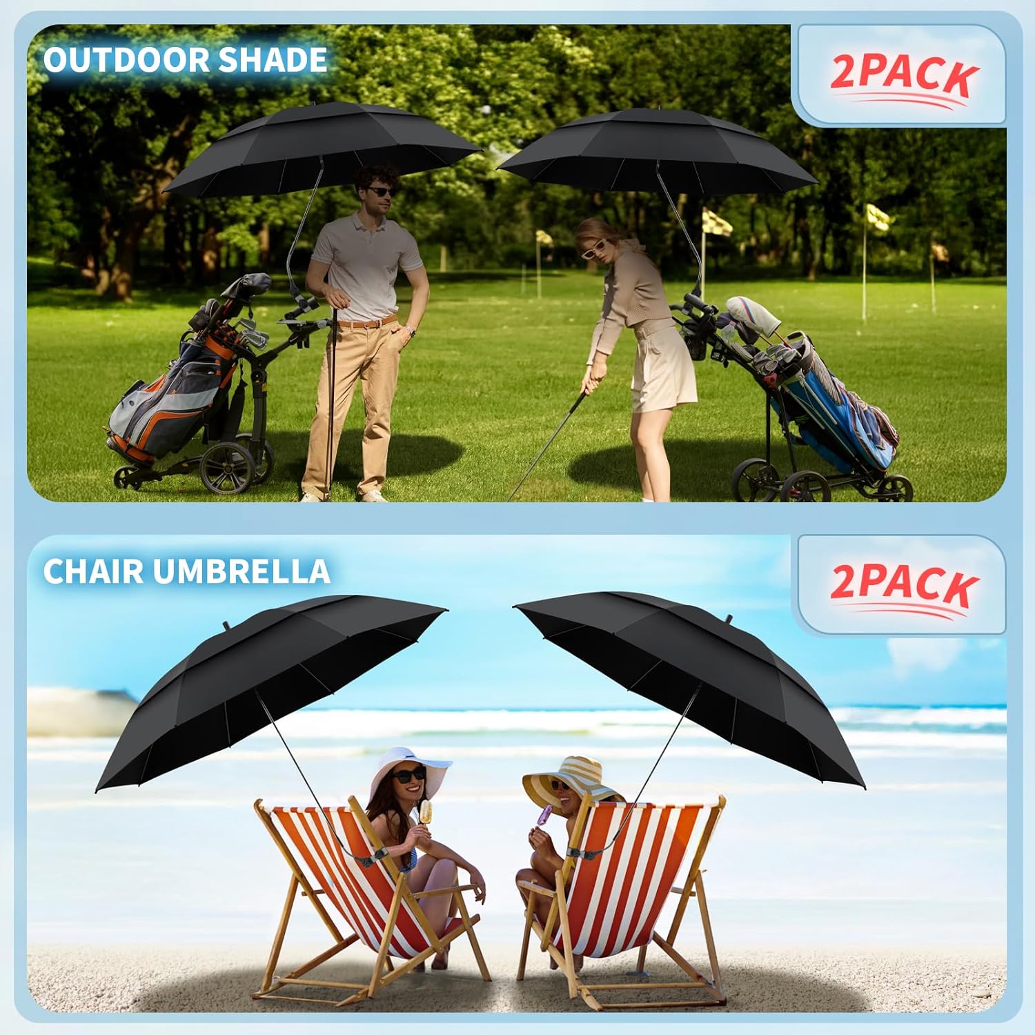 Skiennix 48.6" Double Canopy Umbrella - UPF50+ Beach Chair Umbrella with Clamp & 360° Adjustment | Black