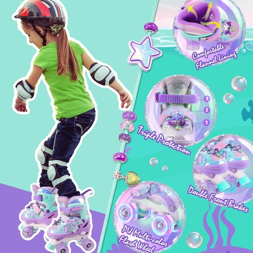 Mermaid Roller Skates for Girls Kids, Mosoulais 4 Size Adjustable Light up Wheels Skates for Toddlers, Beginner Women Rollerskates Indoor Outdoor for Xmas Birthday Gifts, Patines para Niñas Niños