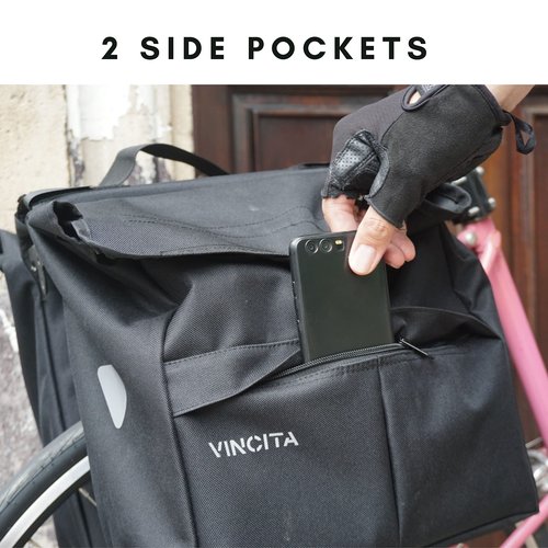 Vincita Double Bike Pannier Bag – 12L Top Load Rear Rack Saddlebags – Water-Resistant Commuter Carrier with Rain Cover, Rigid Back & Reflective Trim – Fits Road, Hybrid & E-Bikes (Black/Gray)