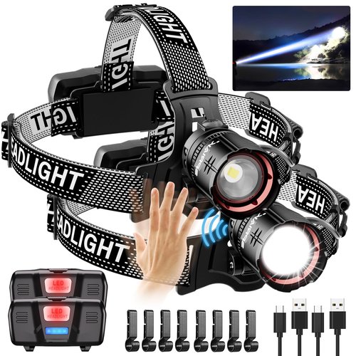 Spriak High Lumens LED Headlamp& 100H Using Time, USB Rechargeable Head lamp, 90° Adjustable Widebeam Motion Sensor Head Light with 5 Modes,Zoomable for Camping Running Hiking Hard Hat Headlamps 2pc