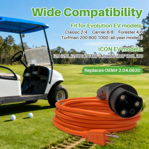 XINSTCO 10FT Charging Power Cord Assembly Fits for Evolution EV ICON Golf Cart,110V-220V 16A 3 Pin Golf Cart Charger Plug,Replace OEM# 2.04.0620
