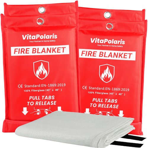 VitaPolaris Heavy-Duty Emergency Fire Blanket, 4 Pack – Fireproof Fiberglass Blanket for Kitchen, Home, Car, Grill, Fireplace, Camping, Heat Shield, Grease Fires, Emergency Fire Suppression