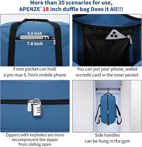 Apenze Small Gym Bag 18 inch Carry On Duffel Bag for Weekender Travel - Blue